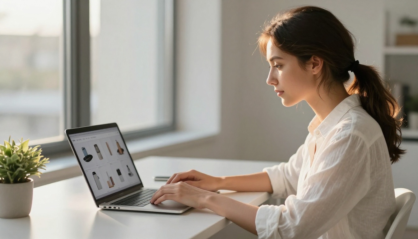 E-commerce seller reviewing AI product photos on laptop