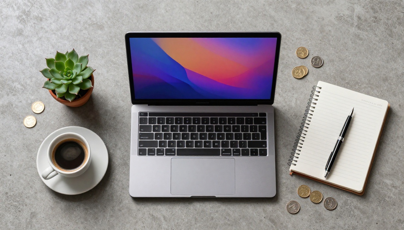 Flat lay overhead photo of a laptop showing product mockup images on a concrete desk