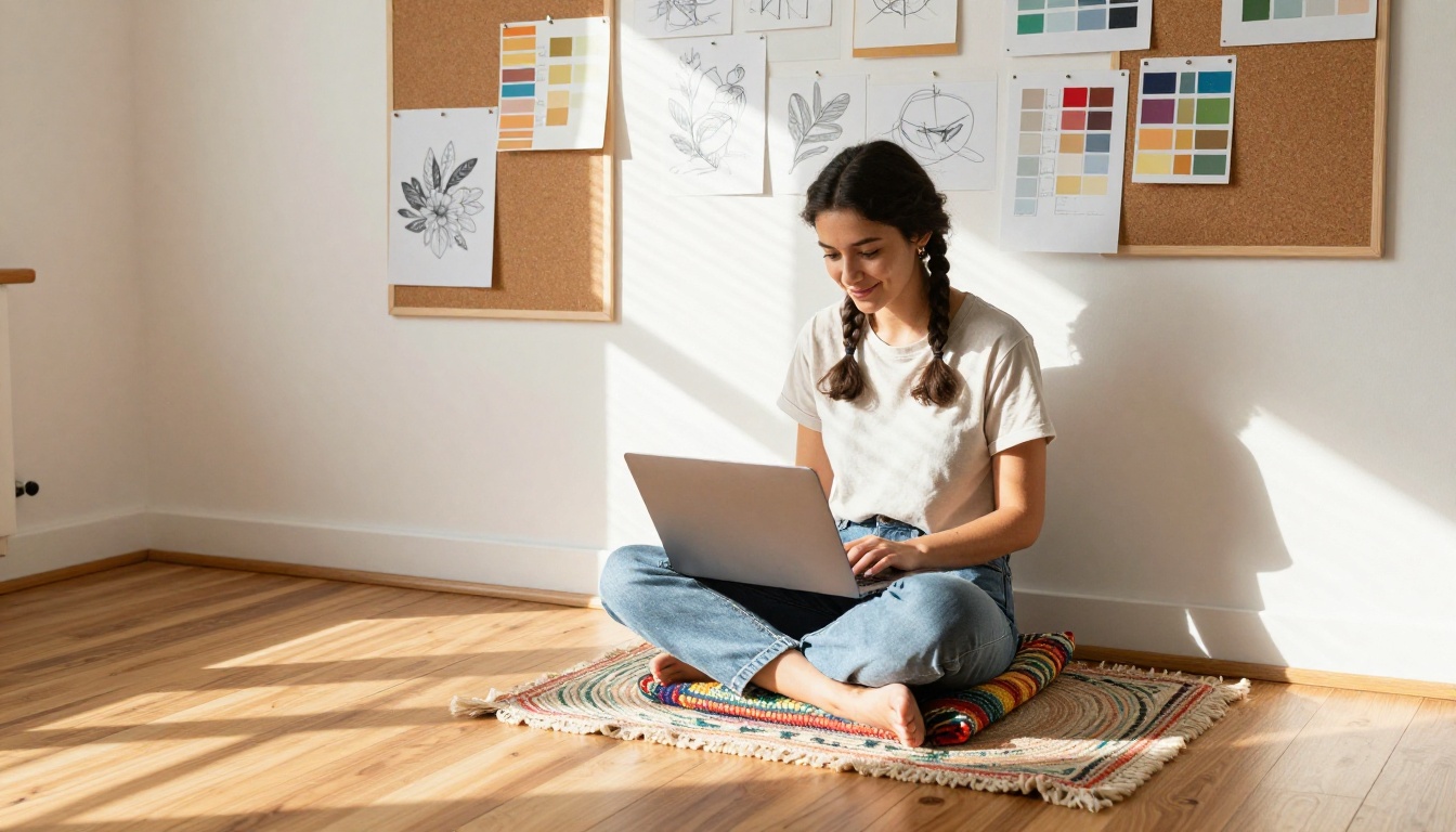 Young woman sitting cross-legged in a bohemian apartment working creatively on a laptop