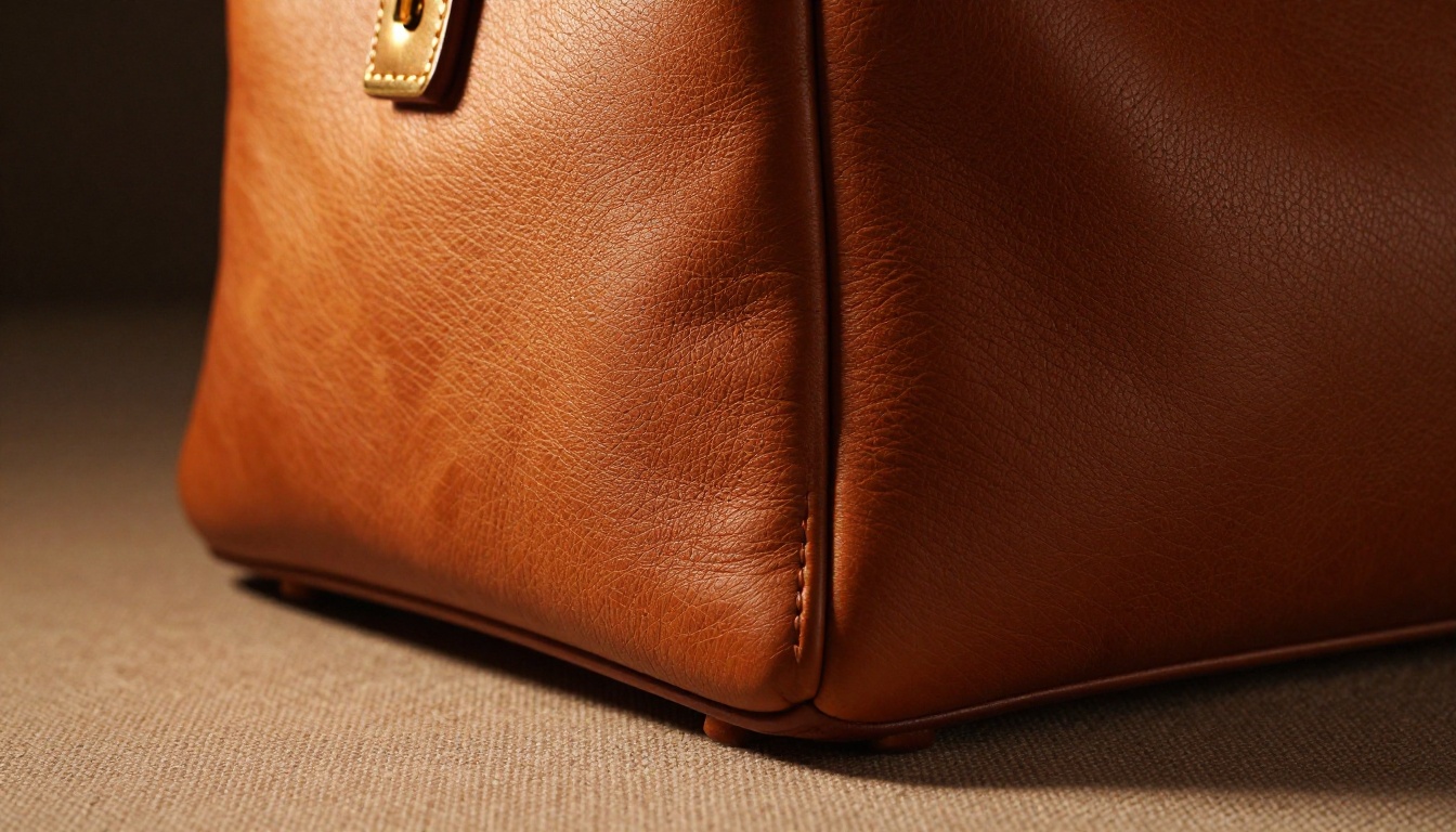 Premium leather handbag close-up showing material texture and stitching detail Premium leather handbag close-up showing material texture and stitching detail