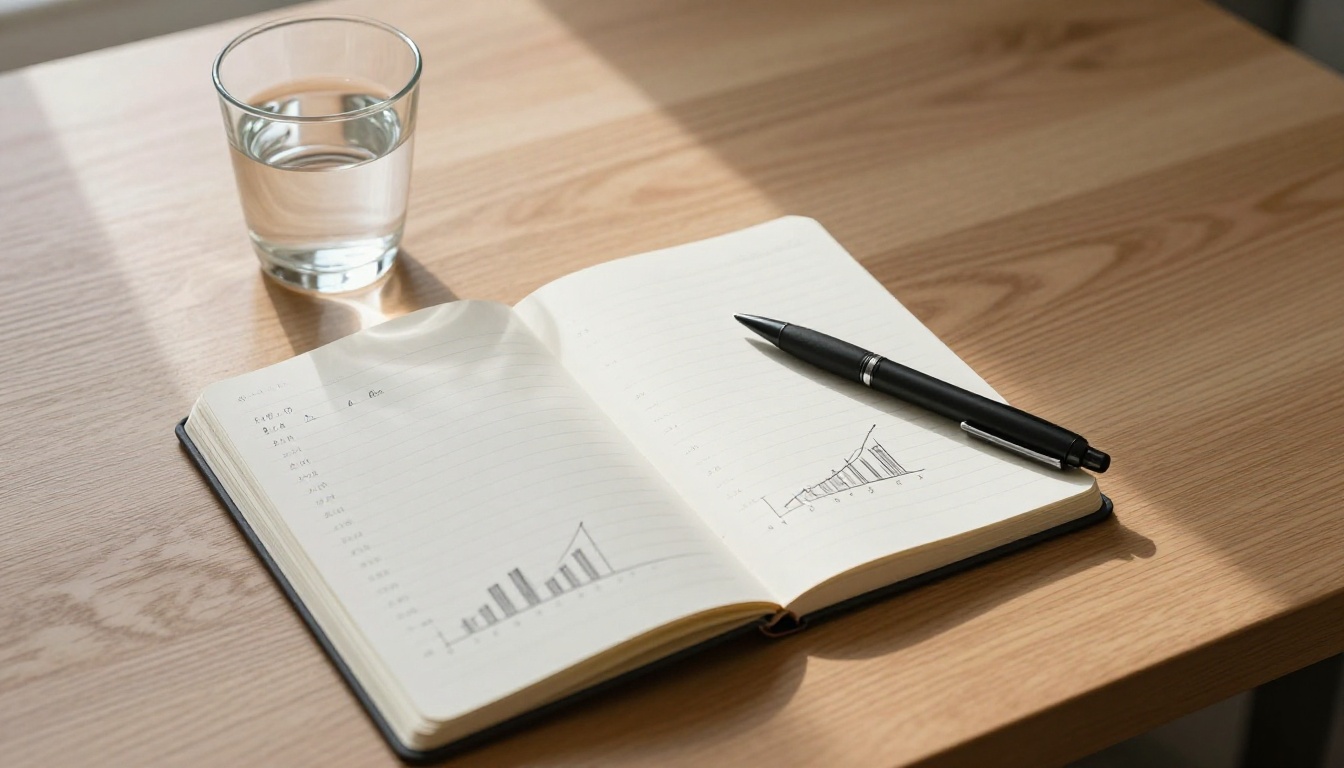 Overhead shot of a notebook with handwritten pricing notes and simple bar charts on a birch desk