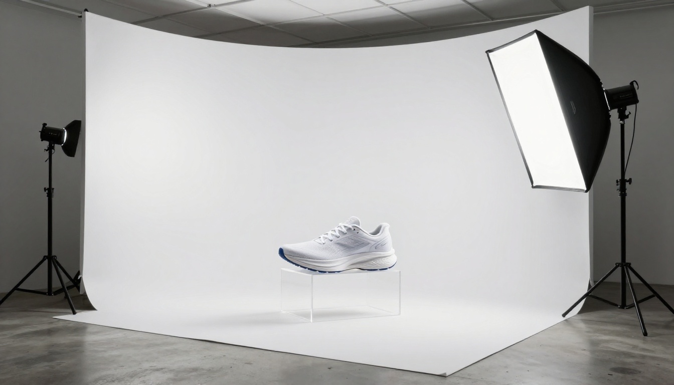 Clean minimal product studio with white running shoes on acrylic riser
