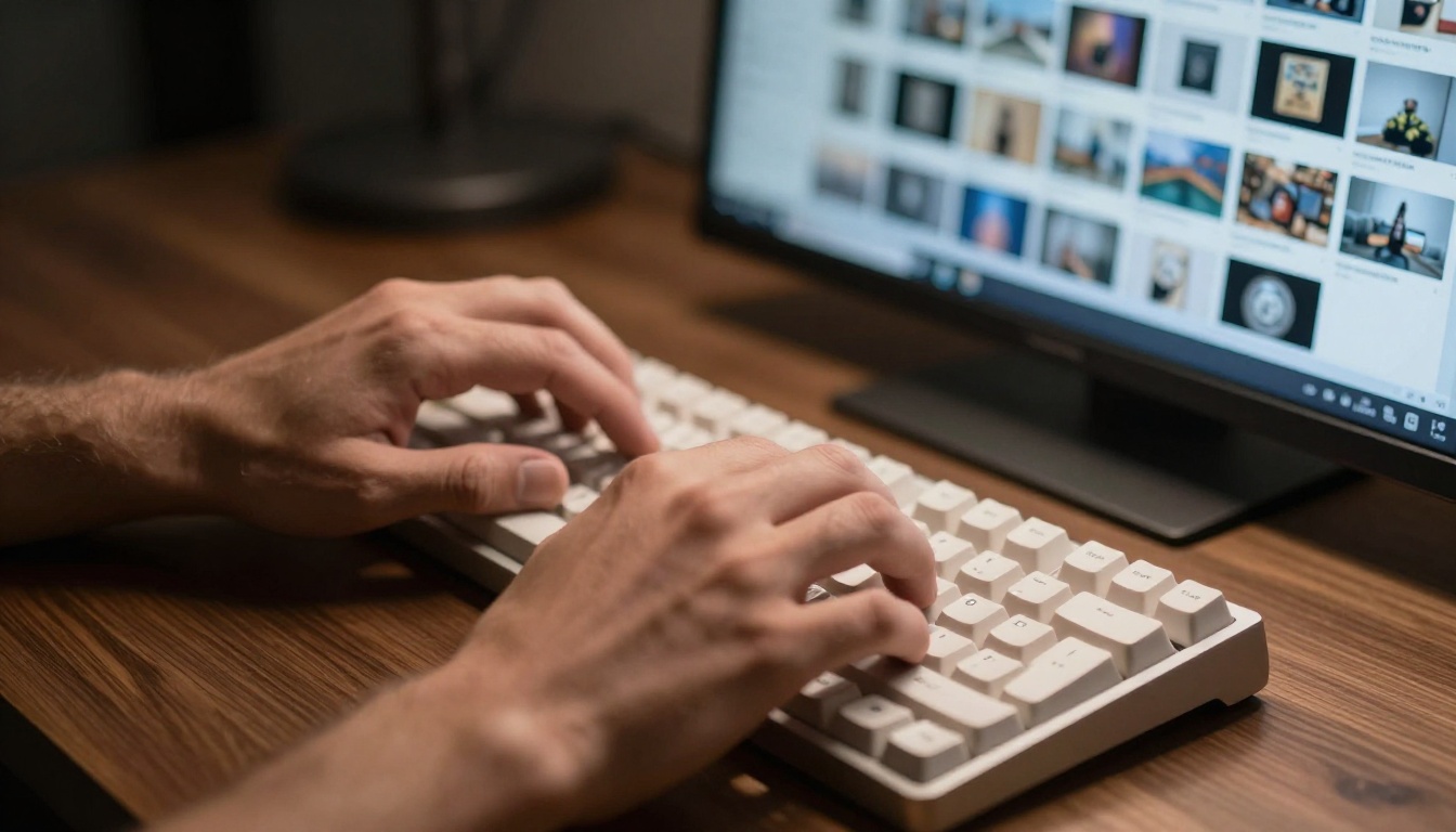 Hands typing on a mechanical keyboard with an AI image generation interface glowing softly in the background