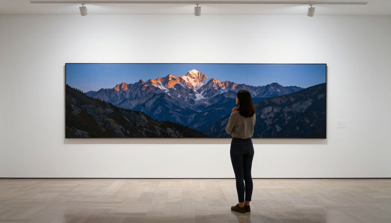 A woman admiring large-format photorealistic AI art in a modern gallery space