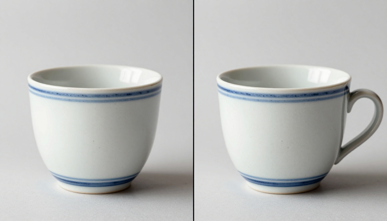 Before and after AI upscaling comparison of ceramic coffee mug Before and after AI upscaling comparison of ceramic coffee mug