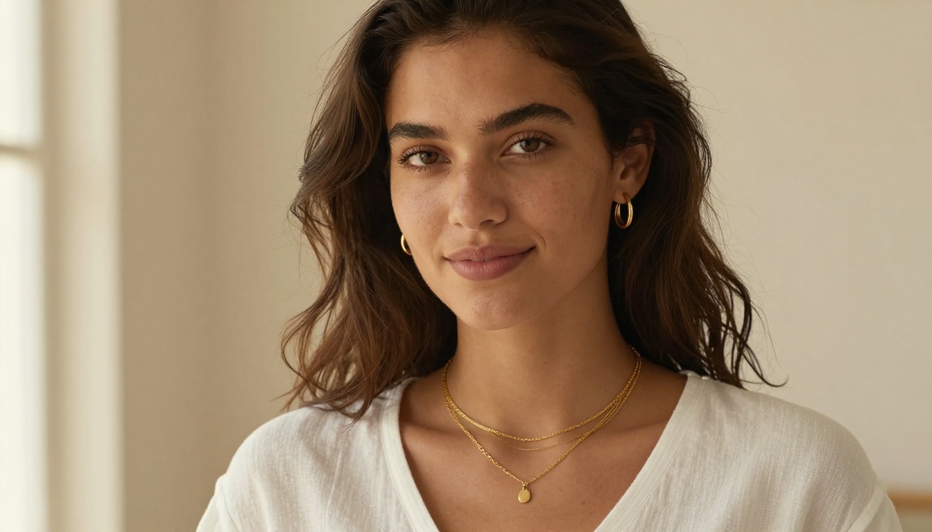 Gold layered necklace on model, e-commerce jewelry photography Gold layered necklace on model, e-commerce jewelry photography
