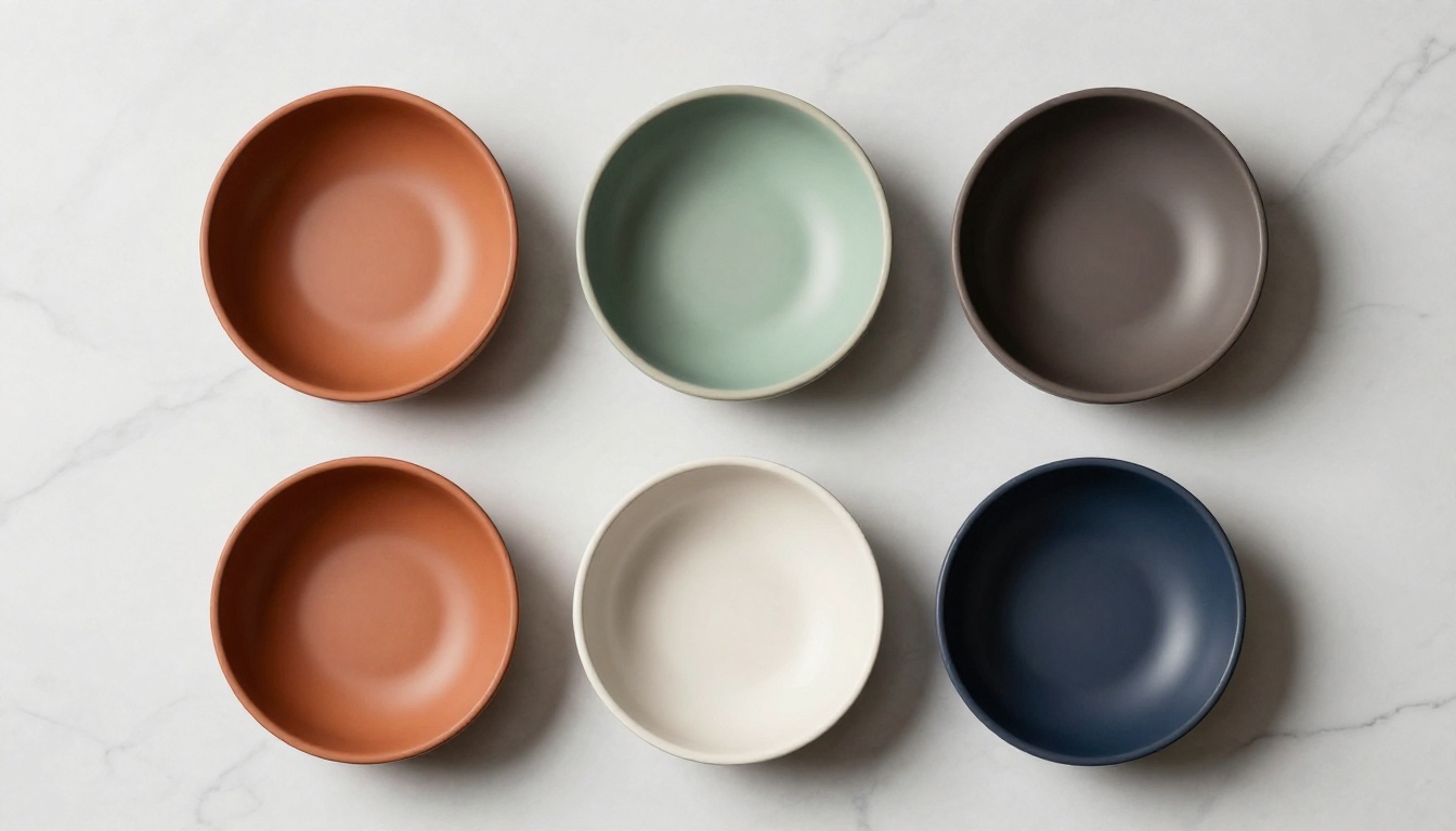 Five color variants of ceramic bowls displayed on clean white marble surface Five color variants of ceramic bowls displayed on clean white marble surface