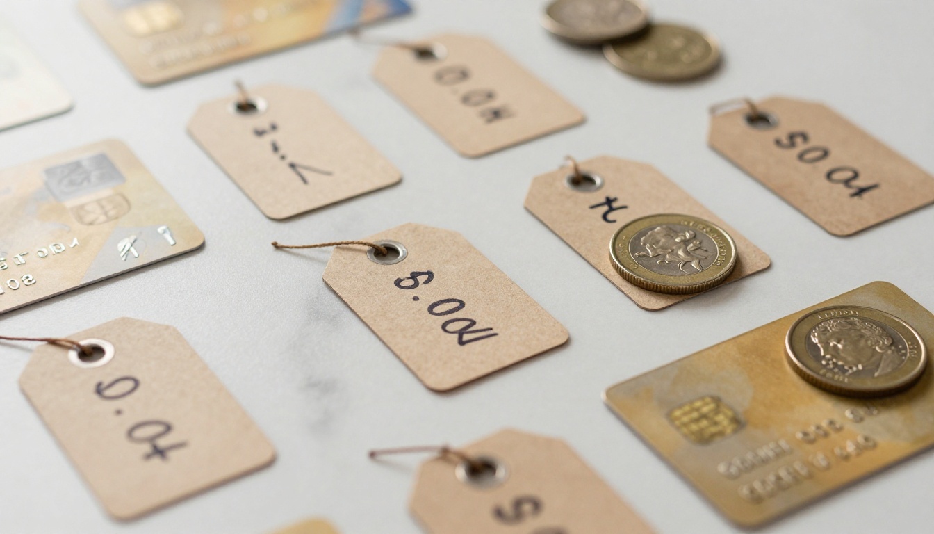 Credit cards, coins, and price tags on white marble surface Credit cards, coins, and price tags on white marble surface