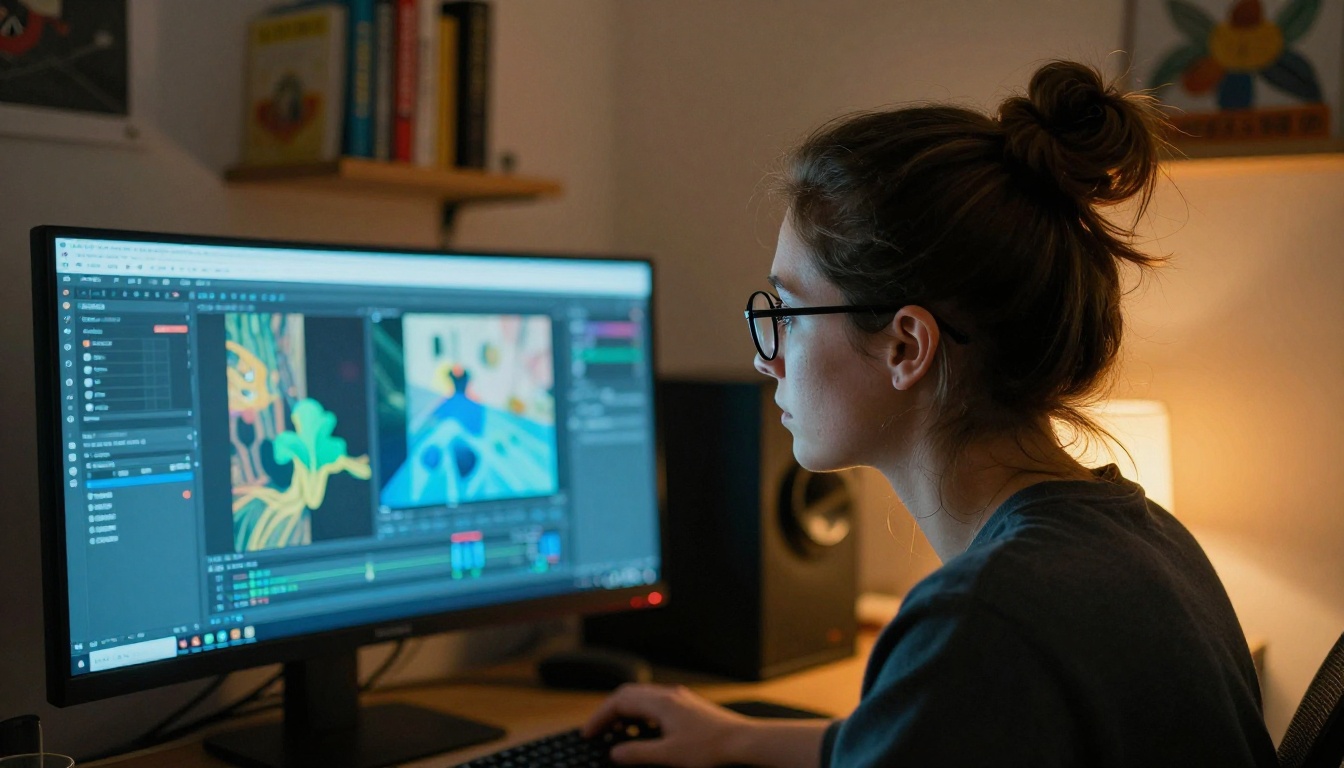 Creative professional at dual monitors with image generation interfaces Creative professional at dual monitors with image generation interfaces