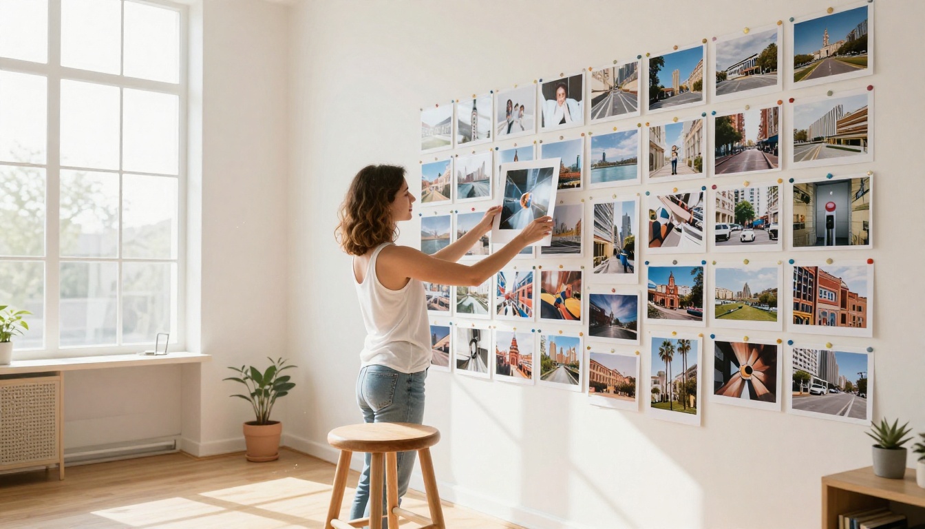 Woman pinning artworks to studio wall in morning light