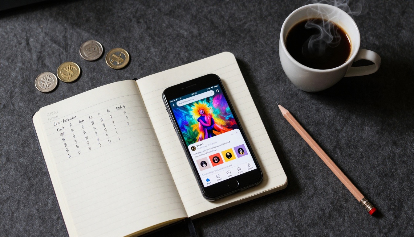 Designer's desk flat lay with notebook showing cost calculations, coffee, coins, and phone