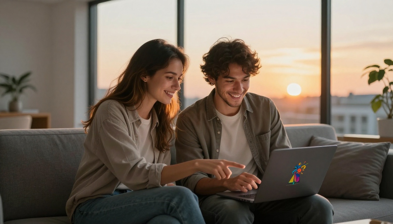 Two friends smiling at shared laptop showing AI artwork