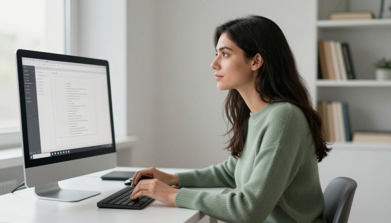 Confident woman with dark hair at minimalist white desk with AI generation interface