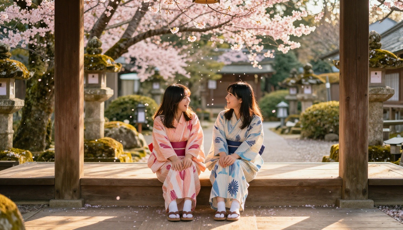 Two young women in colorful yukata at a traditional Japanese shrine entrance with cherry blossoms