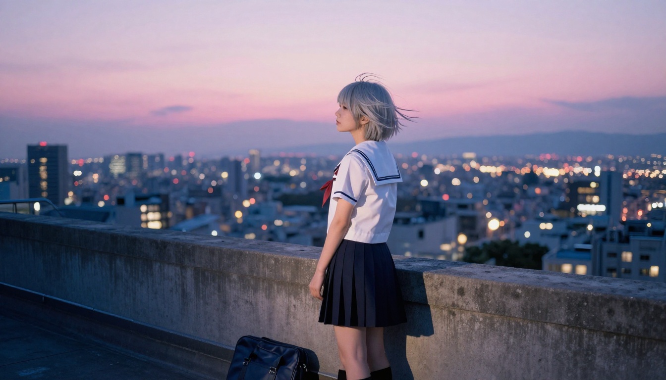 Silver-haired teenage girl in white sailor school uniform on a rooftop at dusk