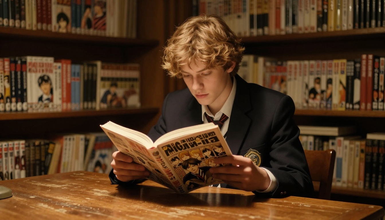 Young man with auburn hair reading manga at a wooden library table under warm lamplight