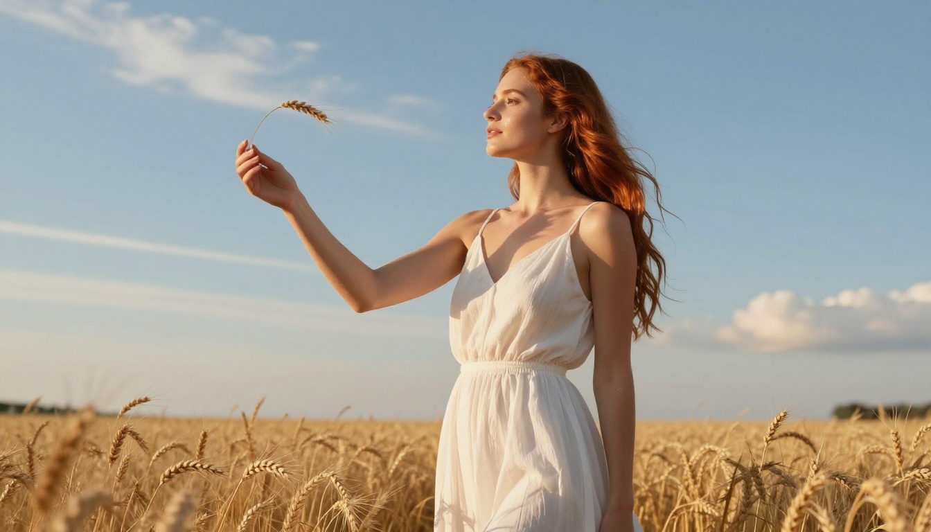 Young woman with long auburn hair in flowing white sundress standing in a golden sunlit wheat field