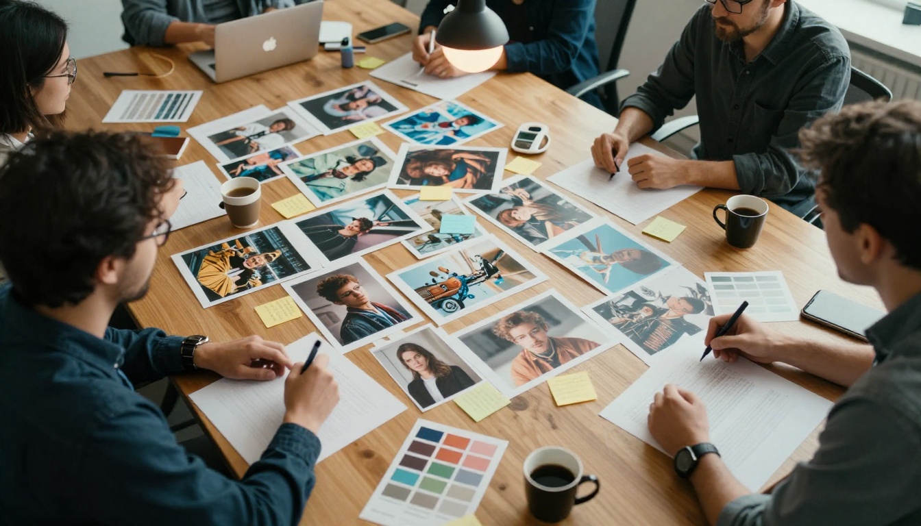 Creative director reviewing printed AI-generated mood board