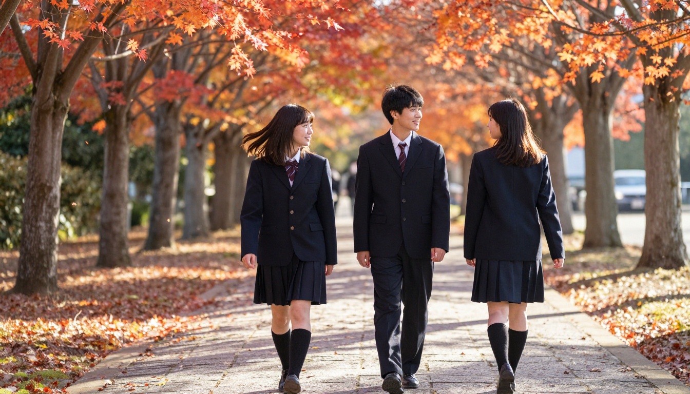 Two high school students in matching navy uniforms walking down a tree-lined autumn pathway