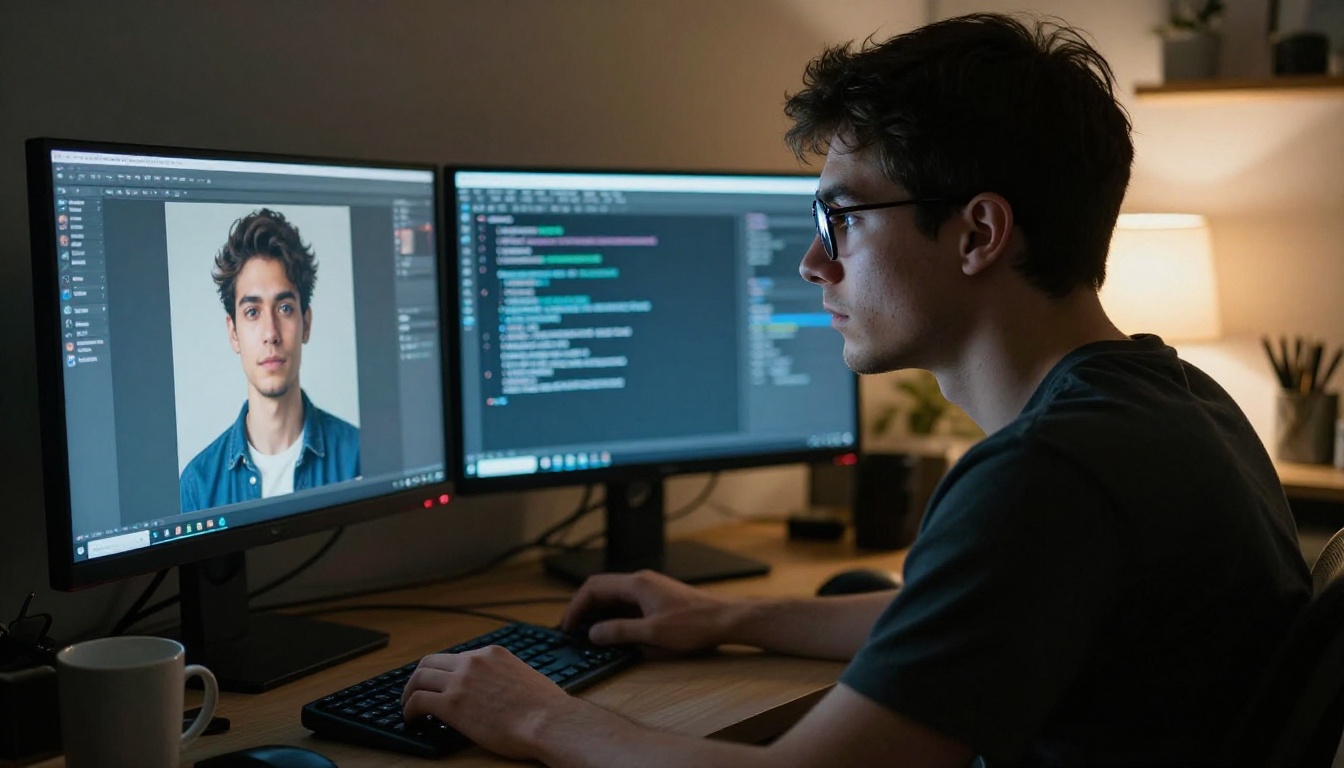 Designer comparing two AI-generated outputs on dual monitors