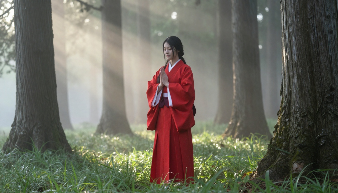 Young woman in red and white shrine maiden miko outfit standing in a misty forest at dawn