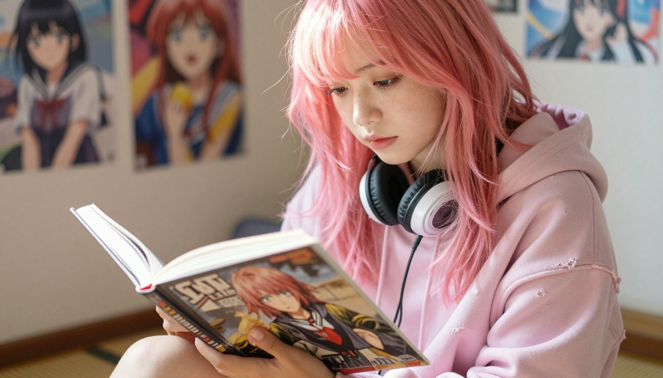 Young Japanese woman with rose-pink dyed hair sitting on tatami floor holding a large art book