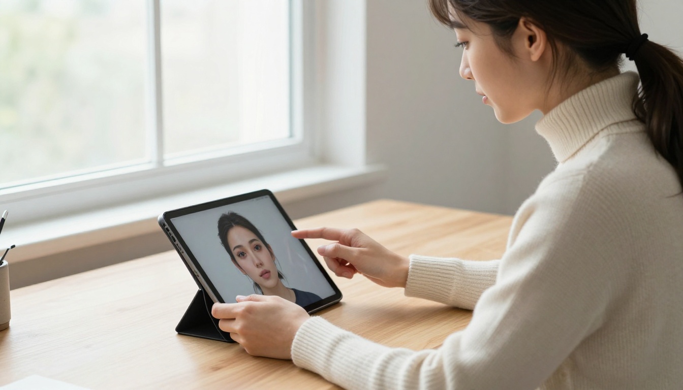 Female designer reviewing AI portrait on a tablet at her desk