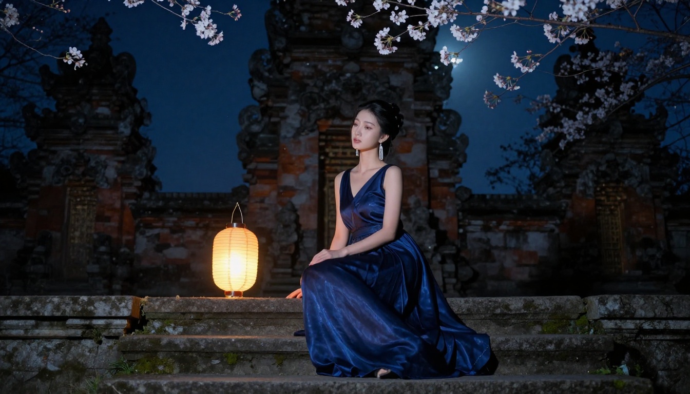 Young woman in dark blue dress sitting on stone temple steps at night beside a glowing paper lantern