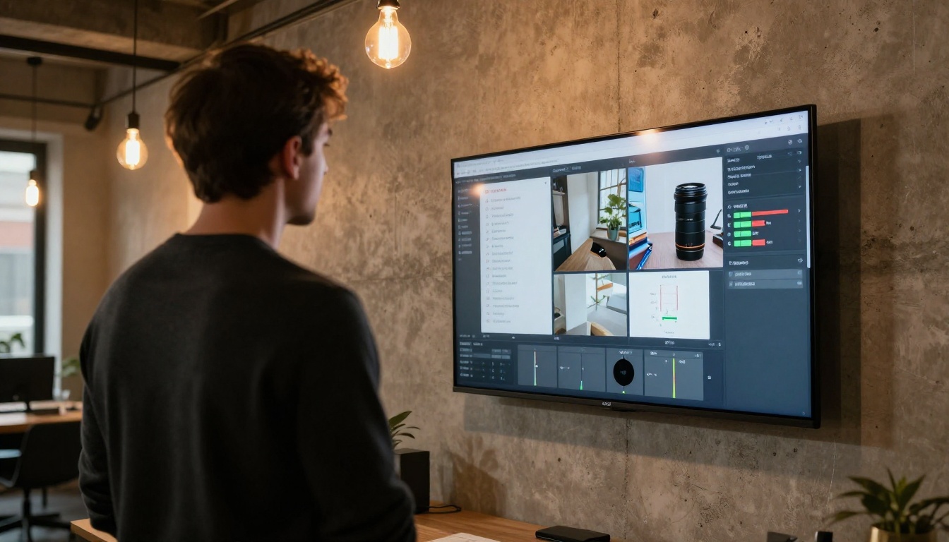 Man reviewing AI speed test comparison on a wall-mounted monitor Man reviewing AI speed test comparison on a wall-mounted monitor