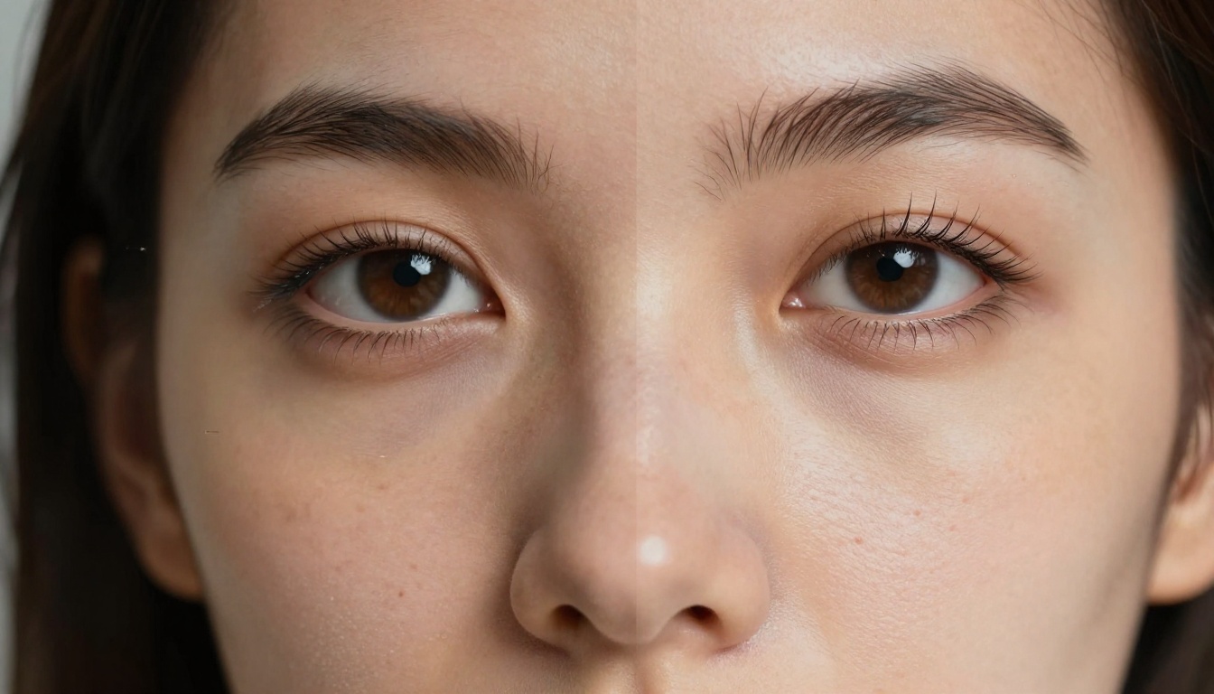 Extreme close-up split-screen showing before and after AI upscaling on a woman's face Extreme close-up split-screen showing before and after AI upscaling on a woman's face