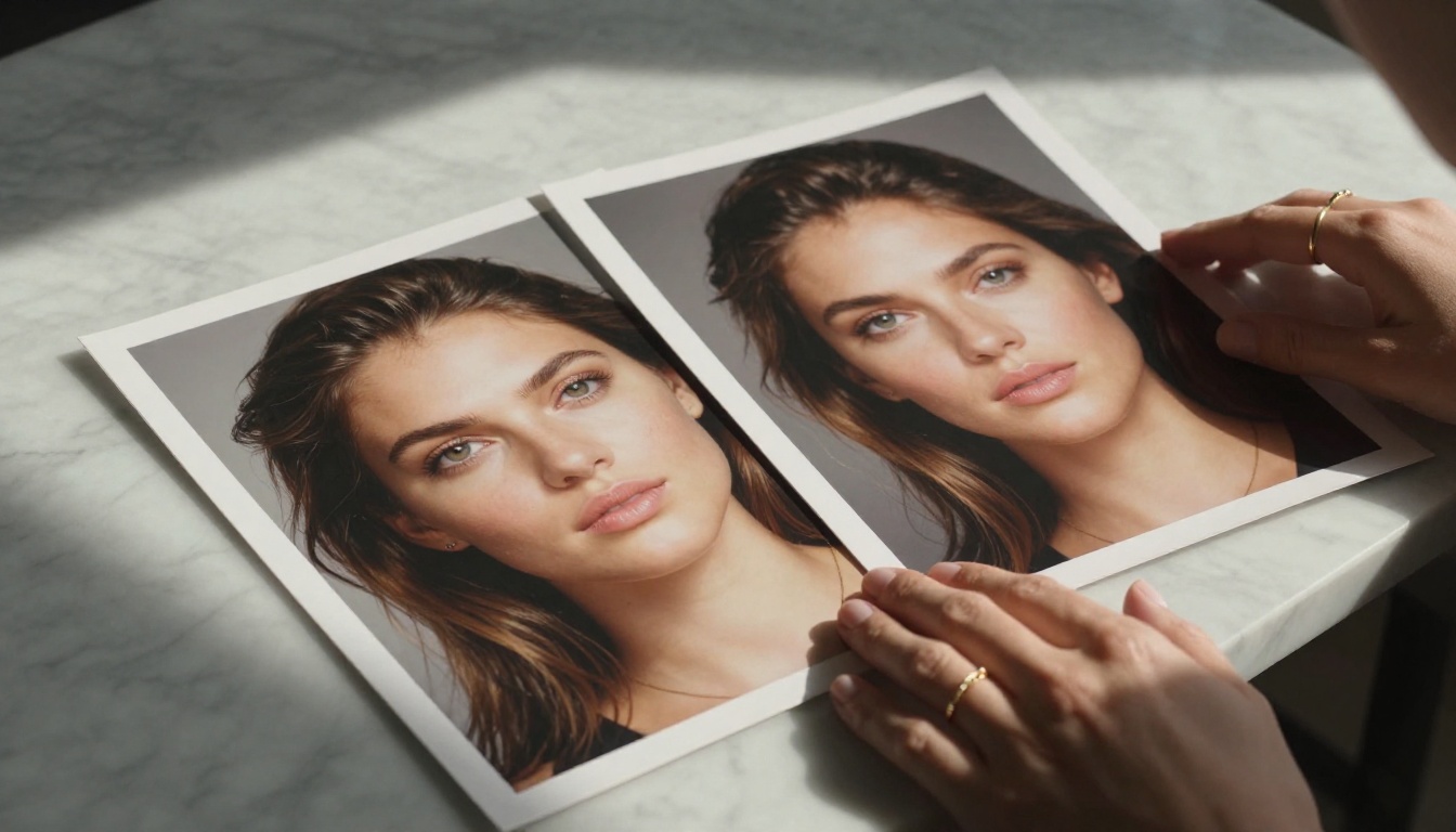 Two printed AI portrait photographs side by side on a marble surface Two printed AI portrait photographs side by side on a marble surface
