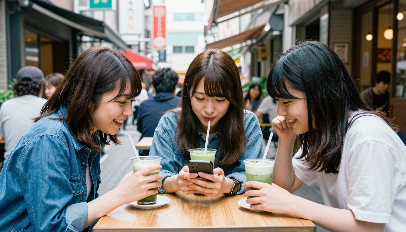 Three friends in casual Japanese streetwear laughing together at an outdoor cafe table in Tokyo