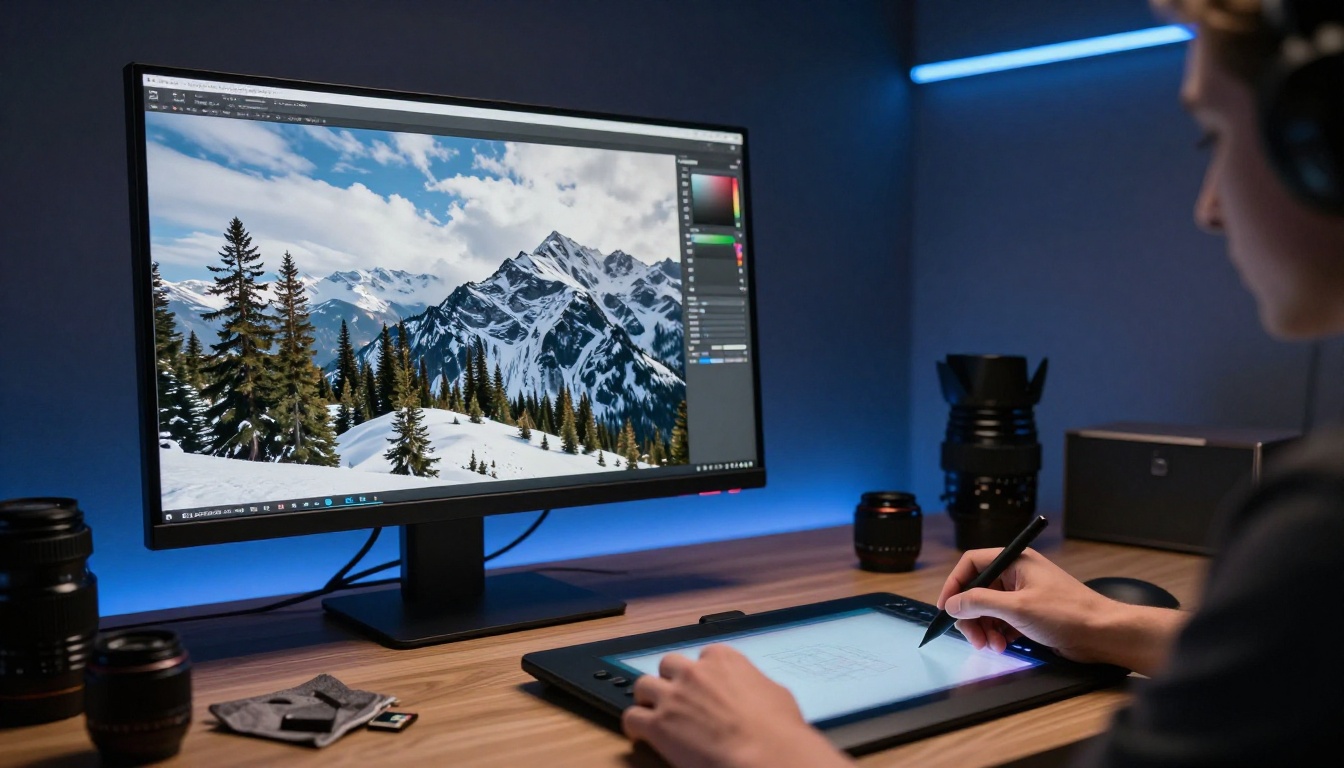 Professional color grading suite with 4K monitor showing ultra-high resolution landscape Professional color grading suite with 4K monitor showing ultra-high resolution landscape