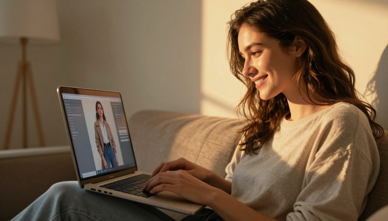 Woman on couch reviewing AI-generated fashion portrait on laptop Woman on couch reviewing AI-generated fashion portrait on laptop