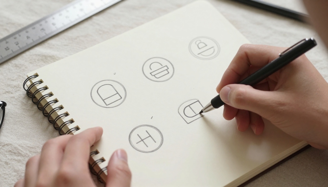 Hands sketching minimalist logo concepts in sketchbook