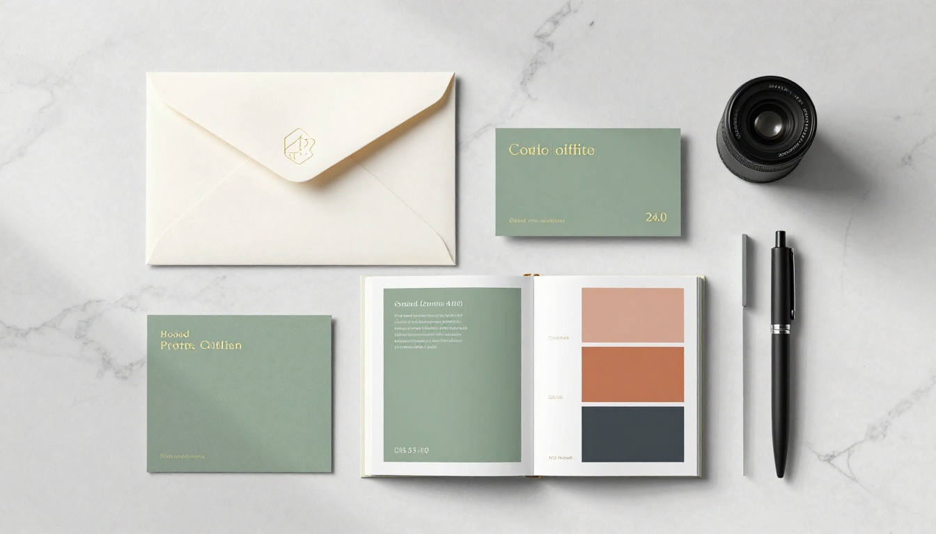 Brand identity suite with business cards on marble surface