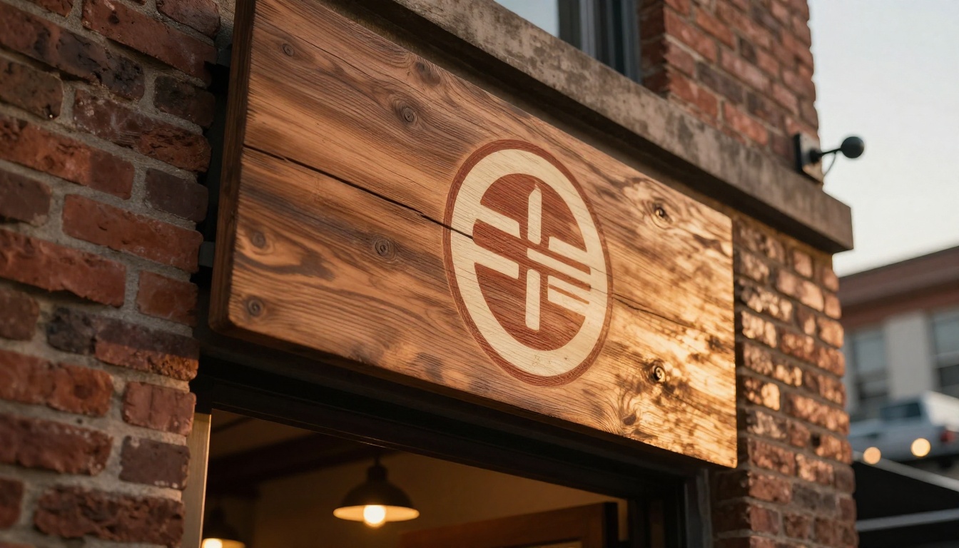 Artisan coffee shop wooden sign with painted logo mark