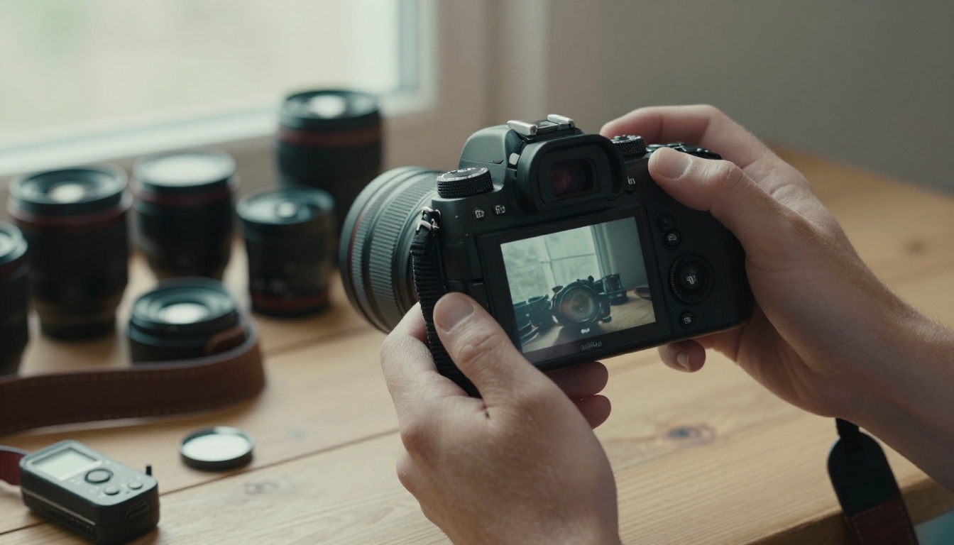 Photo editor hands reviewing a portrait on DSLR camera LCD
