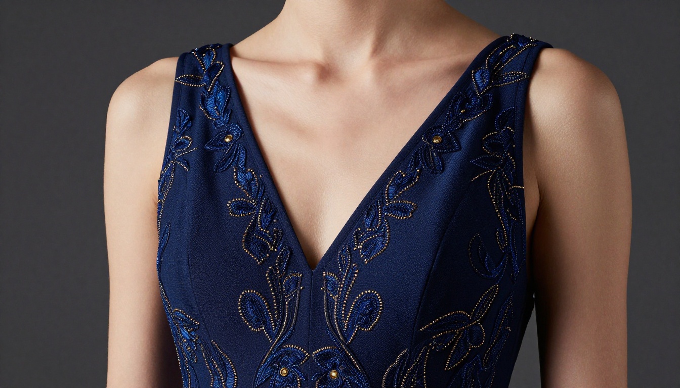 Close-up of luxury fashion model in embroidered evening gown showing individual thread detail Close-up of luxury fashion model in embroidered evening gown showing individual thread detail