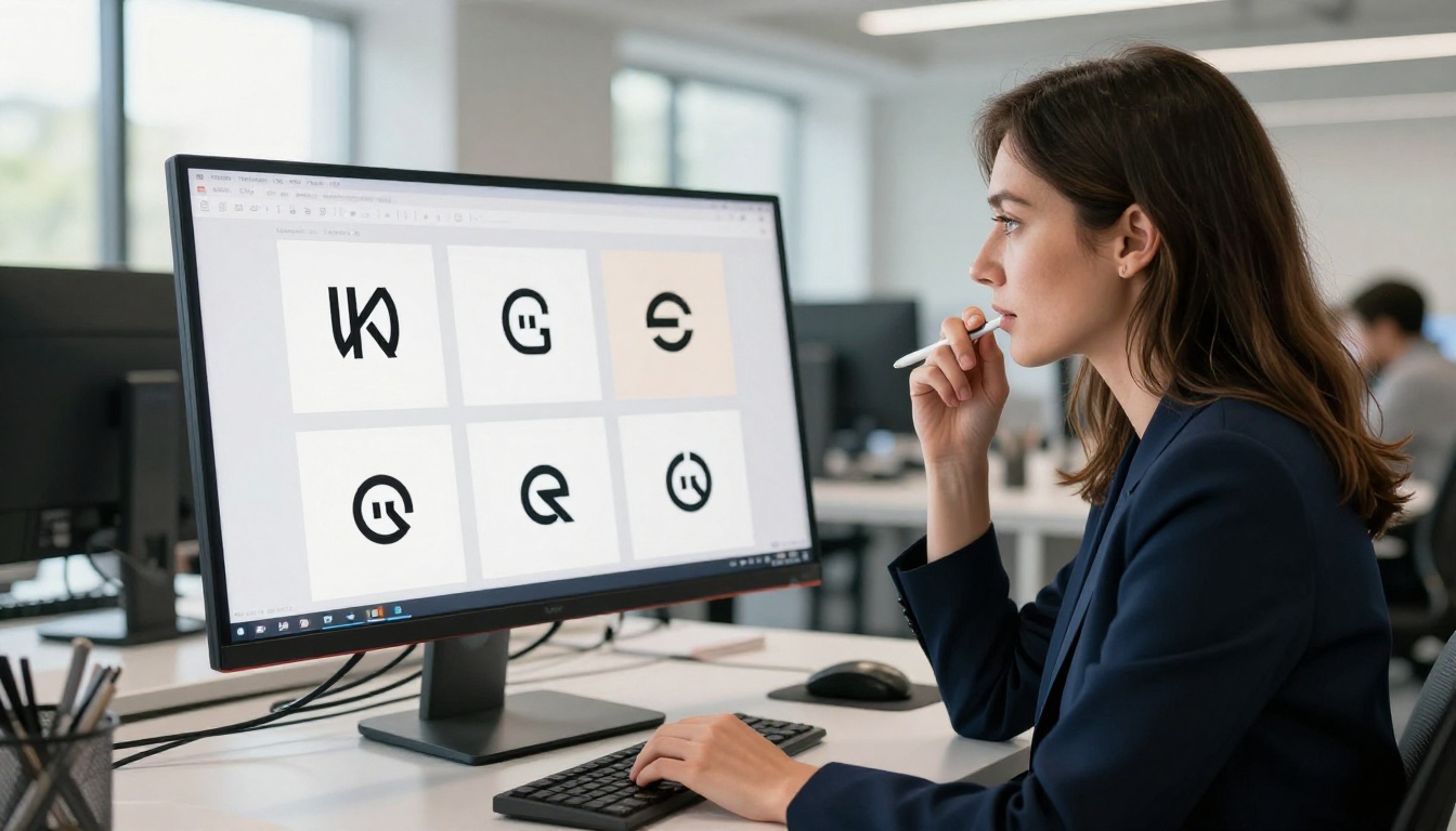 Professional woman reviewing brand identity assets on curved monitor