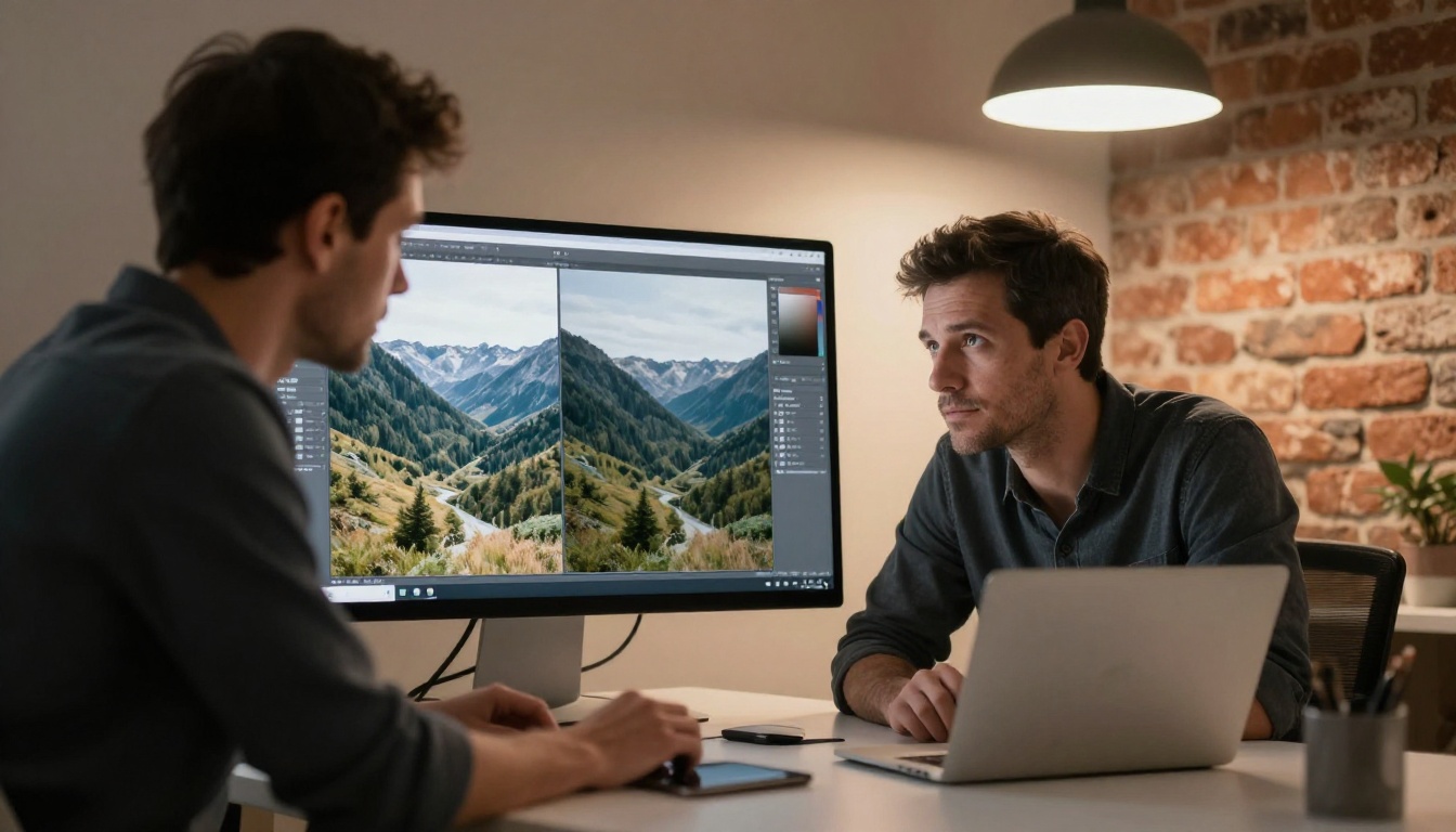 Designer leaning toward monitor showing before-and-after AI retouching split screen