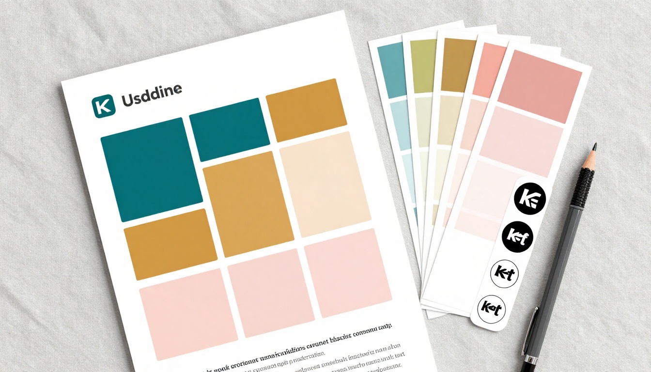 Brand guidelines document with color swatches on linen surface