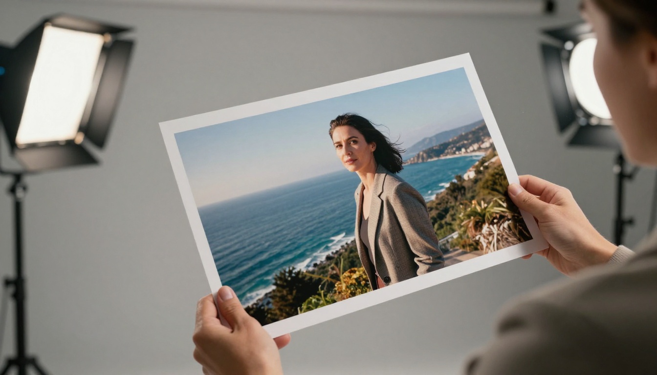 Low-angle studio shot of woman confidently holding large format landscape print