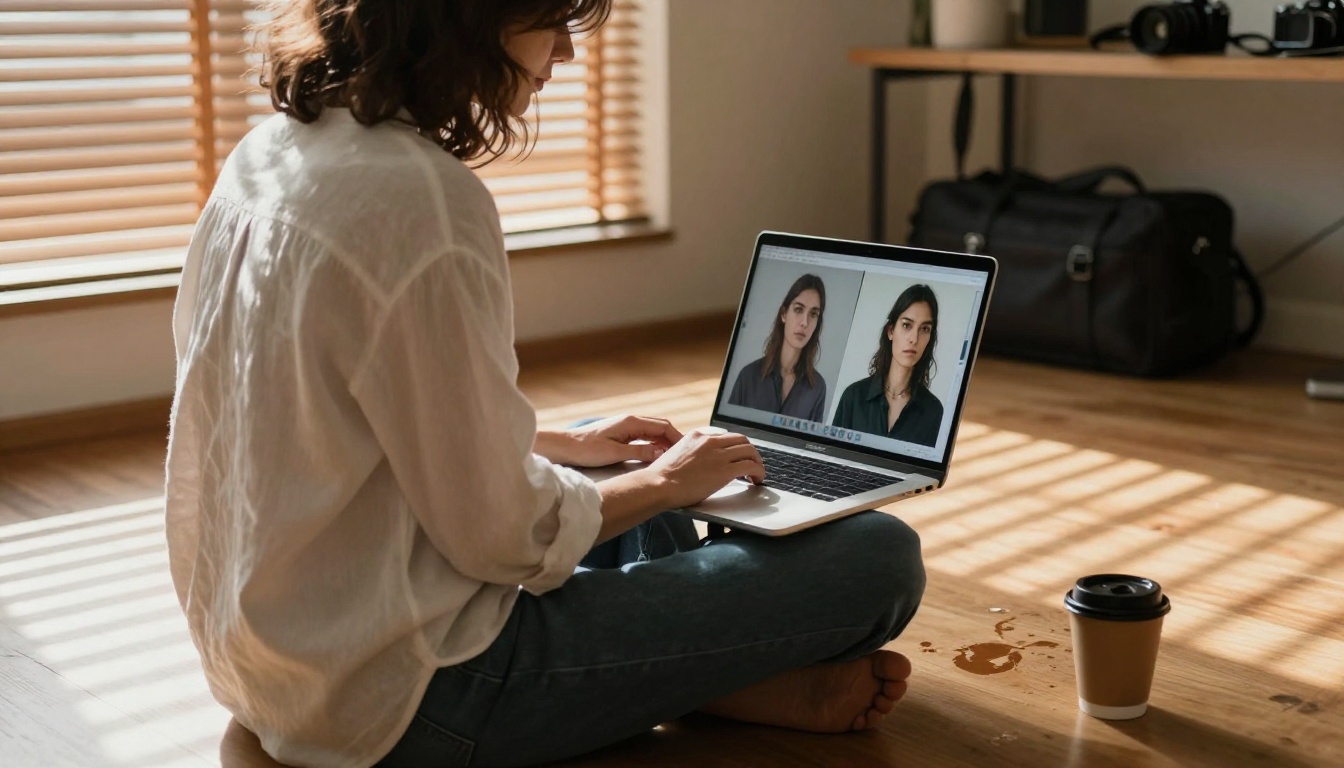 Creative photographer reviewing side-by-side upscaling comparison on laptop Creative photographer reviewing side-by-side upscaling comparison on laptop