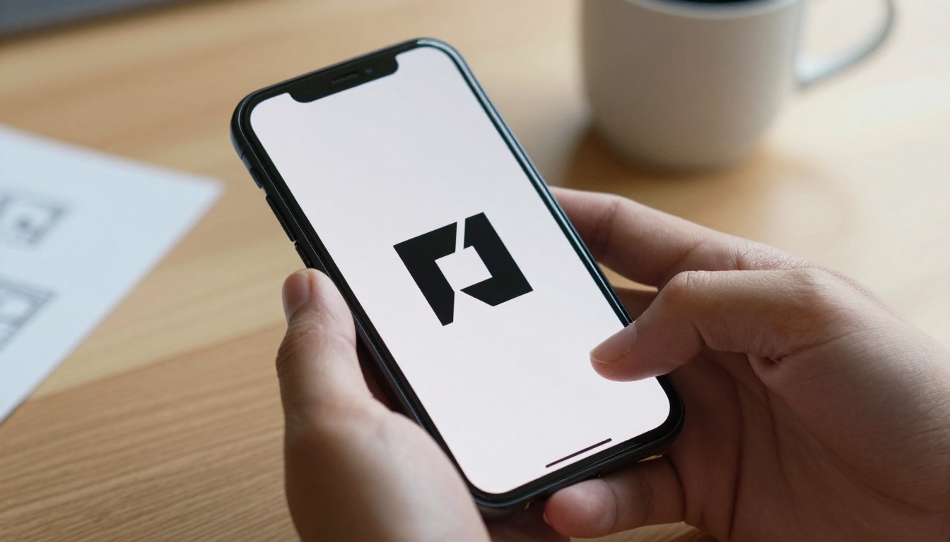 Designer holding smartphone with AI-generated logo design