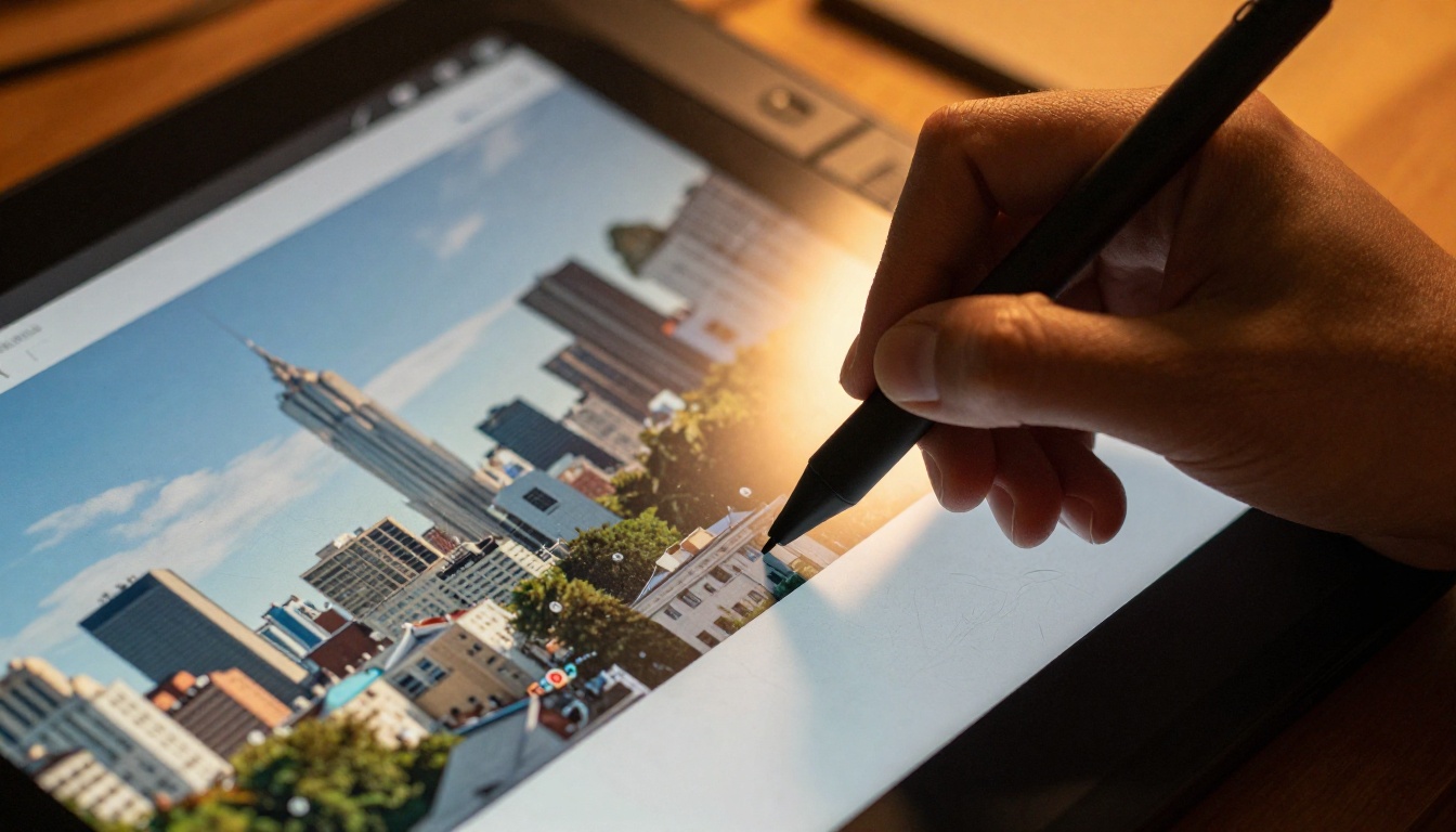 Stylus pen drawing precisely on graphics tablet with AI inpainting interface visible