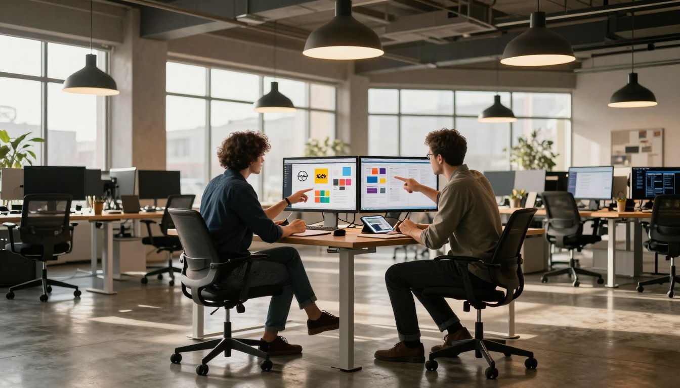 Two designers collaborating on brand identity at standing desk