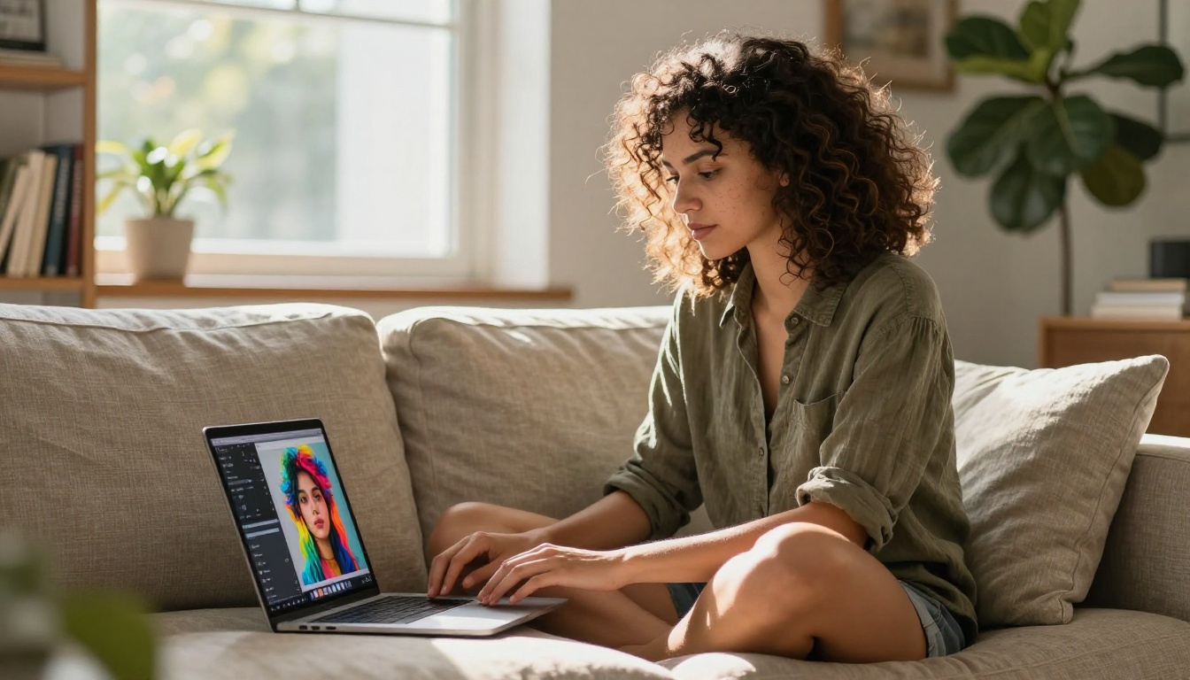 Young woman with curly hair on sofa reviewing AI super-resolution result on laptop Young woman with curly hair on sofa reviewing AI super-resolution result on laptop