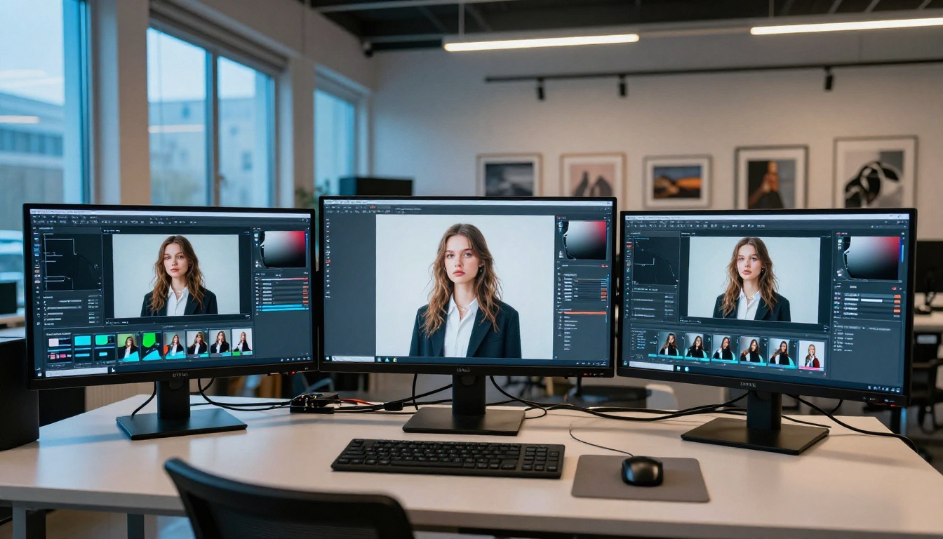 Wide establishing shot of professional post-production studio with three monitors in an arc Wide establishing shot of professional post-production studio with three monitors in an arc