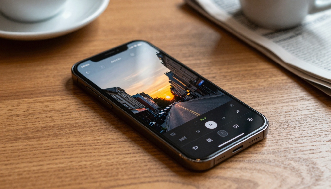 Bird's-eye view of smartphone on warm wooden table displaying AI photo editing app with slider comparison Bird's-eye view of smartphone on warm wooden table displaying AI photo editing app with slider comparison